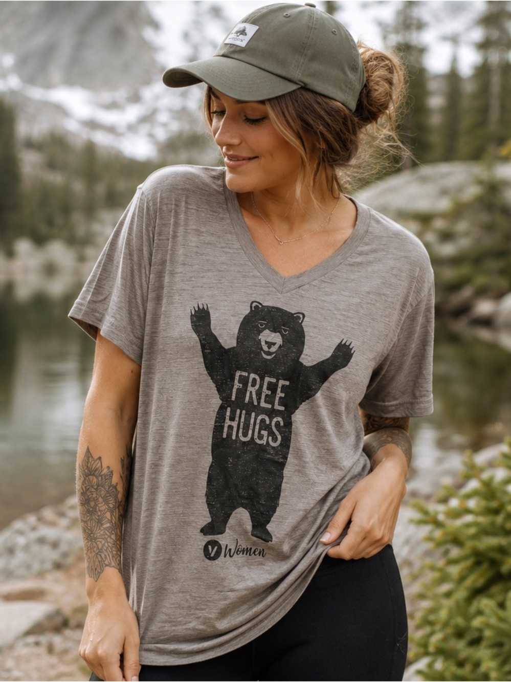 Bella Canvas 'Free Hugs' Bear Grey V Neck Soft Slub Triblend Graphic Tee